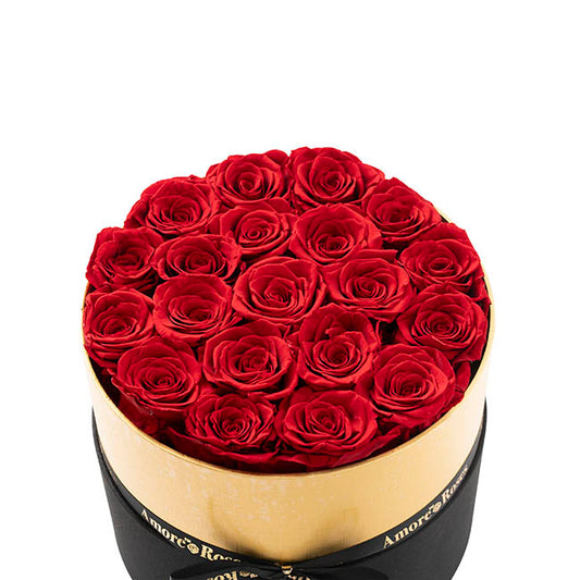 Amore Forever Rose x20 Head in Black Hat Box Red (23x26cmH)
