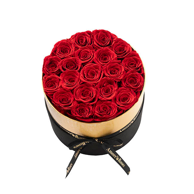 Amore Forever Rose x20 Head in Black Hat Box Red (23x26cmH)
