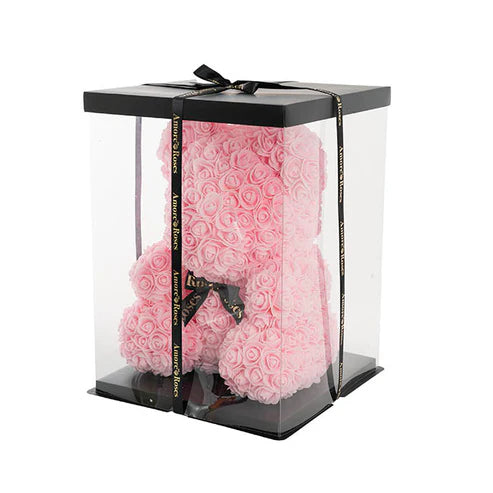 Amore Rose Bear Large w Black Bow Soft Pink (35cmH)