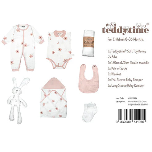 Flower Print 100% Cotton Baby Gift Box Set 8 Soft Pink